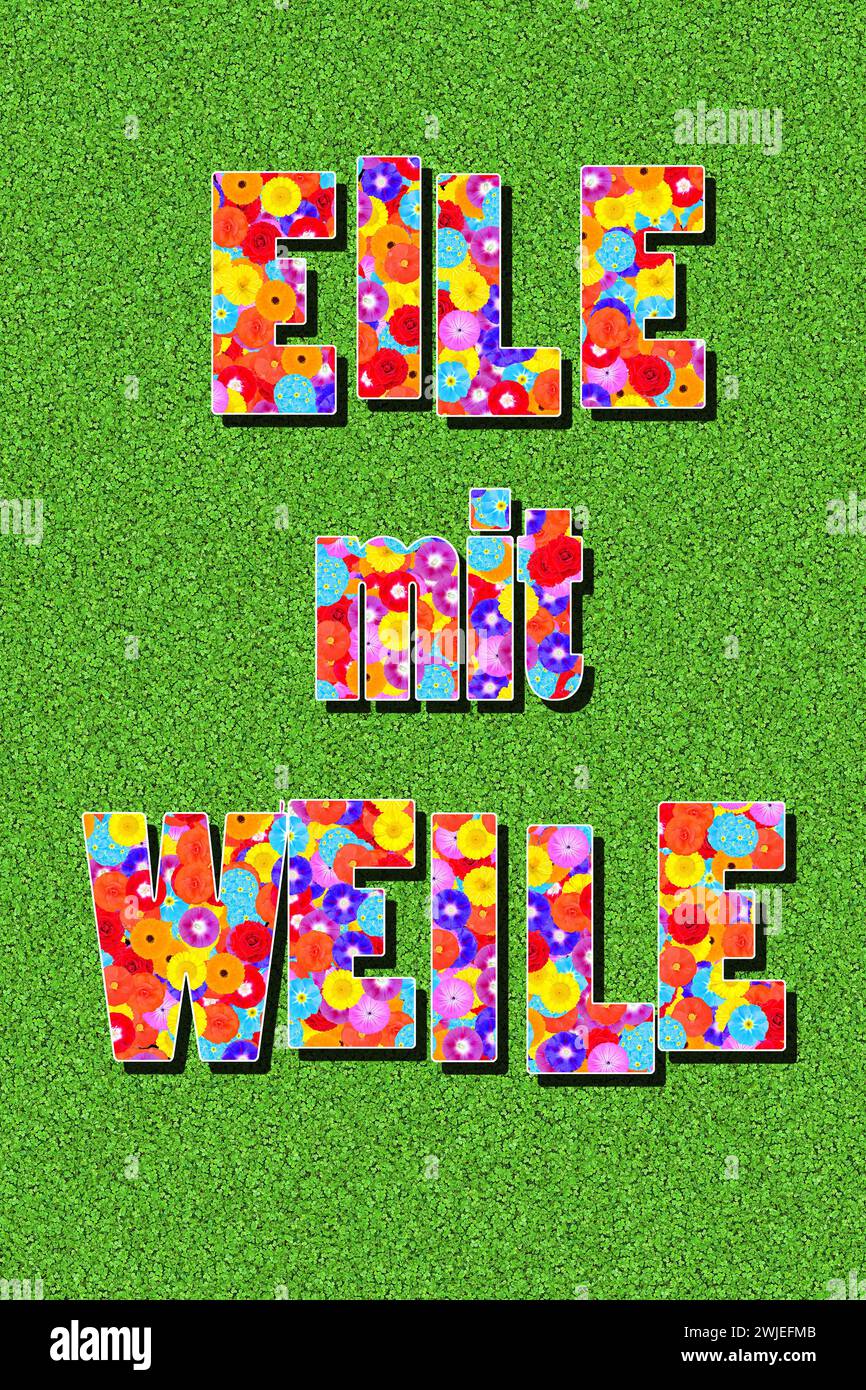 the german words Eile mit Weile written with flowers on green