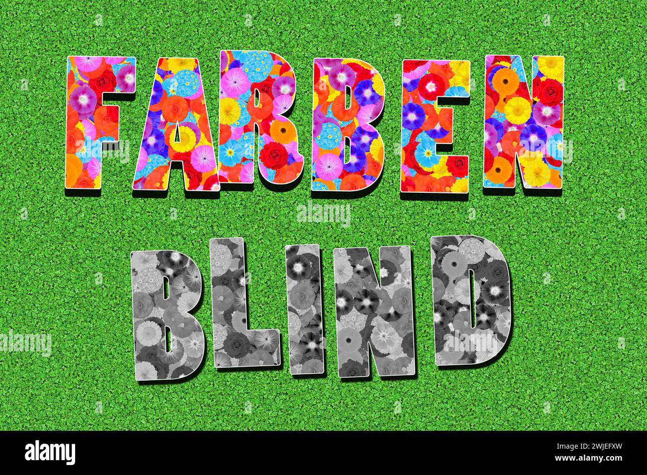 german word farbenblind, colorblind, written with flowers Stock Photo
