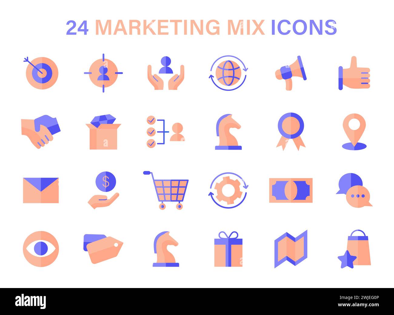 Marketing Mix icon set. Symbols represent strategic components like targeting, global reach, and customer service. Essentials for market planning. Flat vector icons. Stock Vector