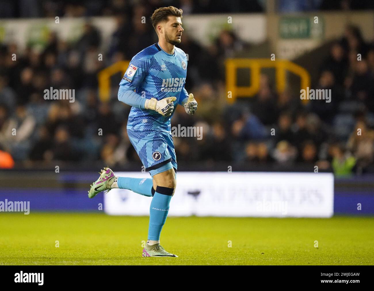 LONDON, ENGLAND - FEBRUARY 14: Matija Šarkić of Millwall during the Sky Bet Championship match between Millwall and Ipswich Town at The Den on February 14, 2024 in London, England. (Photo by Dylan Hepworth/MB Media) Stock Photo