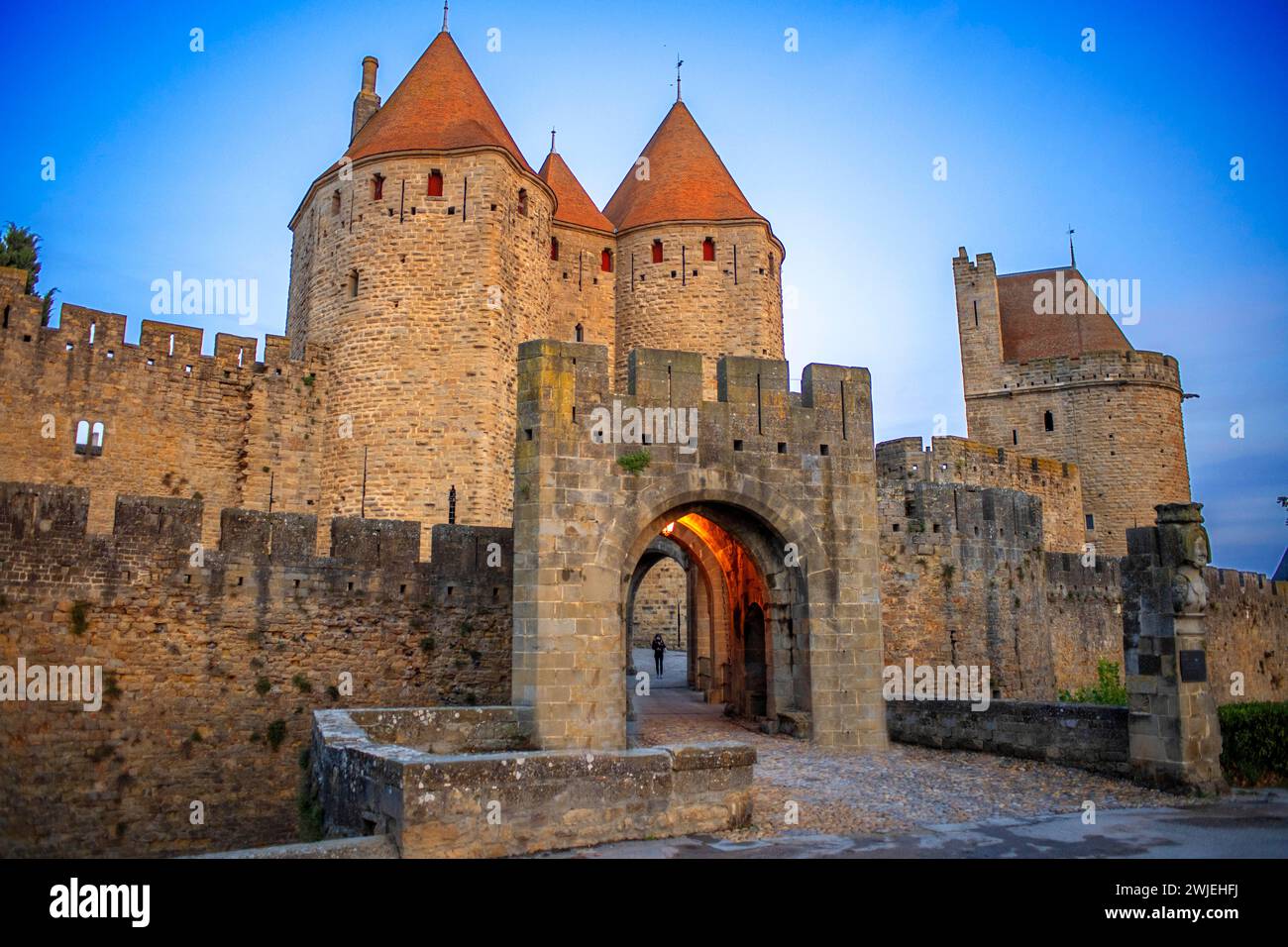 Entrance on ramparts at Carcassonne walls medieval castle fortress in ...