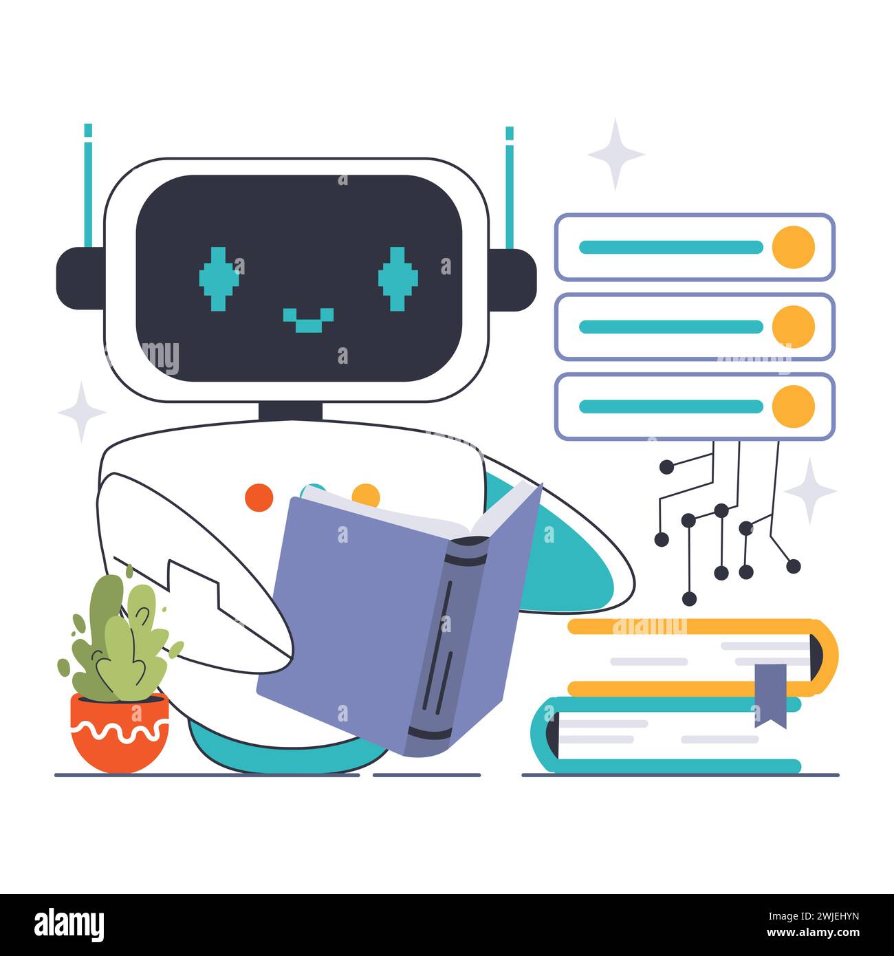 Deep Learning exploration concept. Friendly robot engaged in reading, with server racks and data connections hinting at computational processes. Knowledge advancement. Flat vector illustration Stock Vector