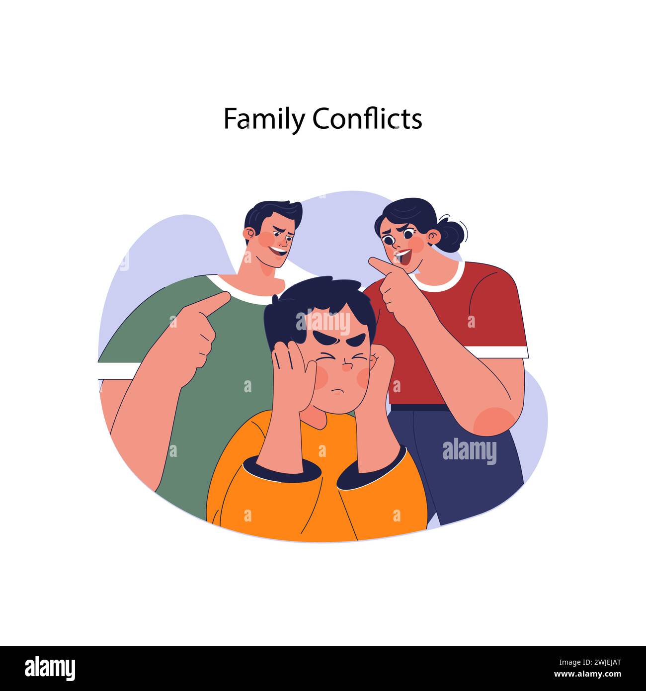 Family conflicts concept. Distraught boy covers ears while parents scream and threaten, depicting household tension and child distress. Dysfunctional family dynamics. Flat vector illustration Stock Vector