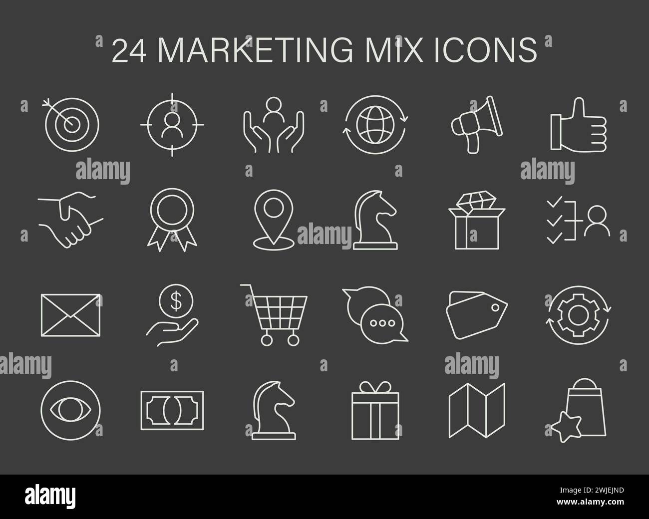 Marketing Mix icon set. Symbols represent strategic components like targeting, global reach, and customer service. Essentials for market planning. Flat vector icons. Stock Vector