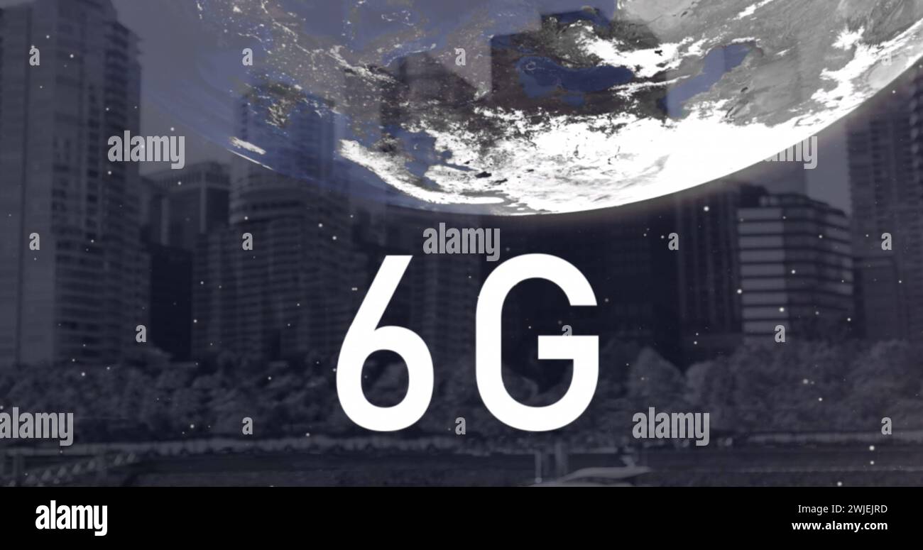 Image of 6g text, globe and computer data processing Stock Photo