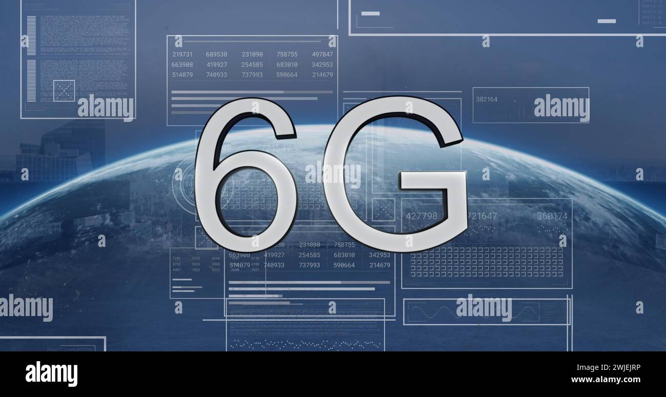 Image of 6g text, globe and computer data processing Stock Photo