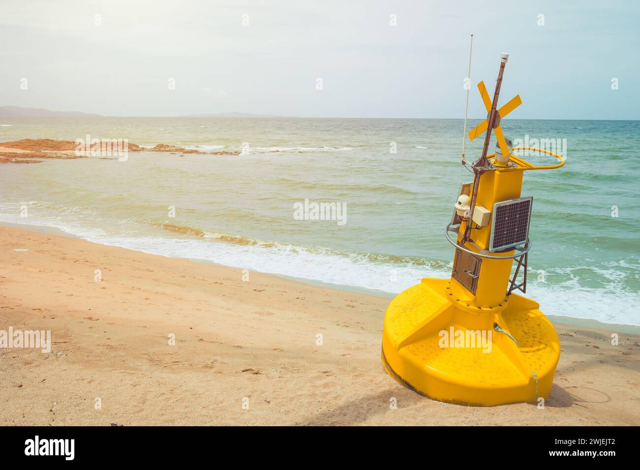 Buoy with Smart Technology Device Solar panel for Realtime Tracking Data Monitoring Sea and Weather Phenomenon Stock Photo