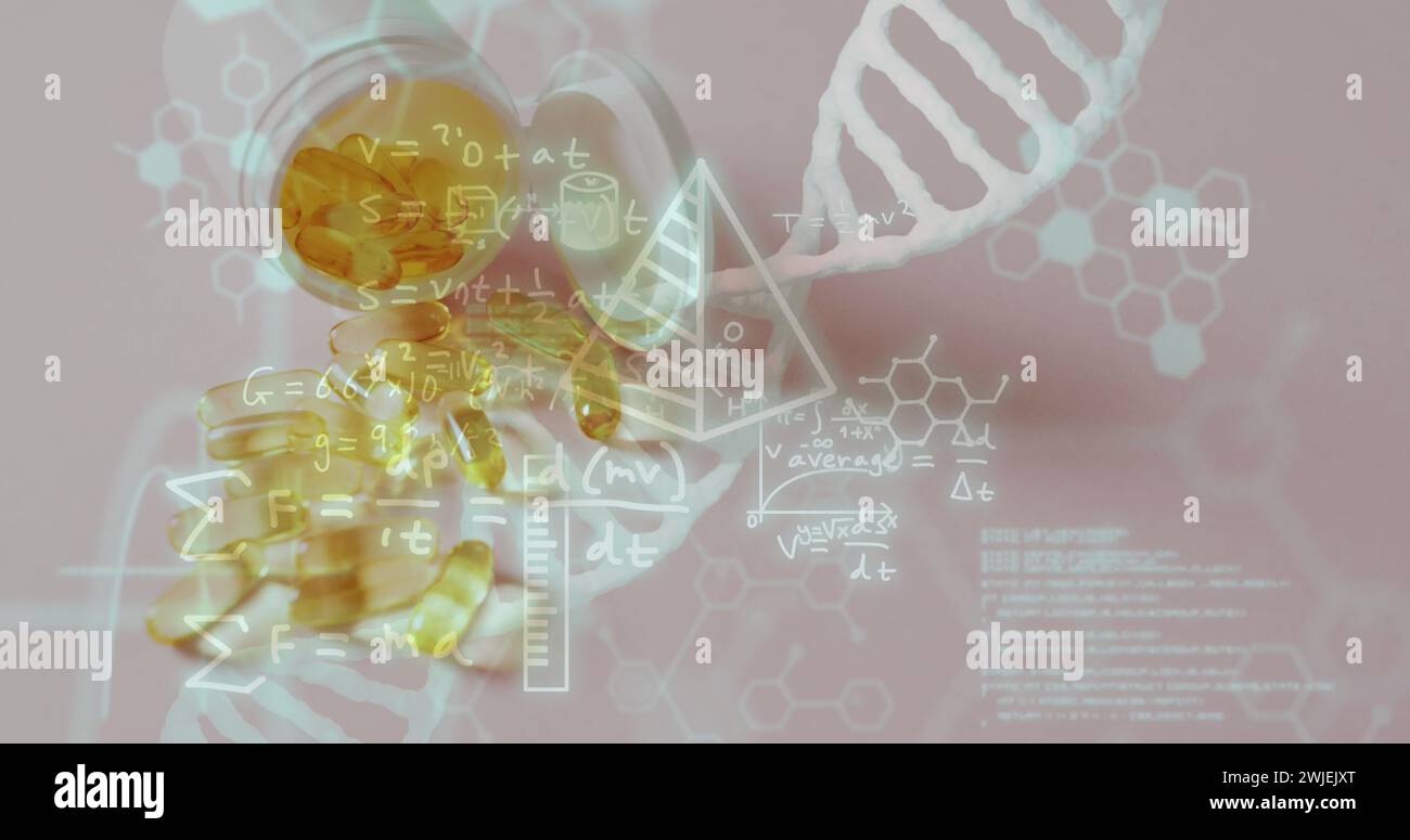 Image of dna strand and data processing over pills Stock Photo