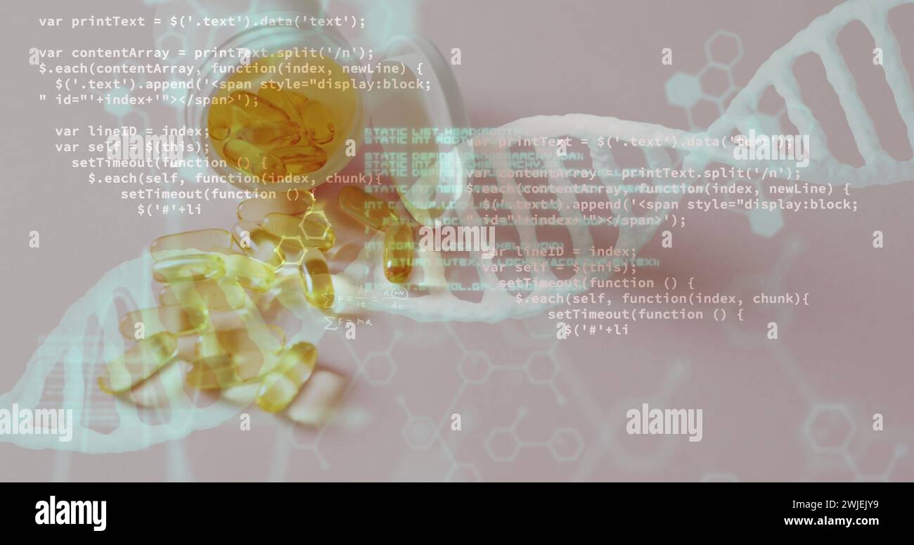 Image of dna strand and data processing over pills Stock Photo