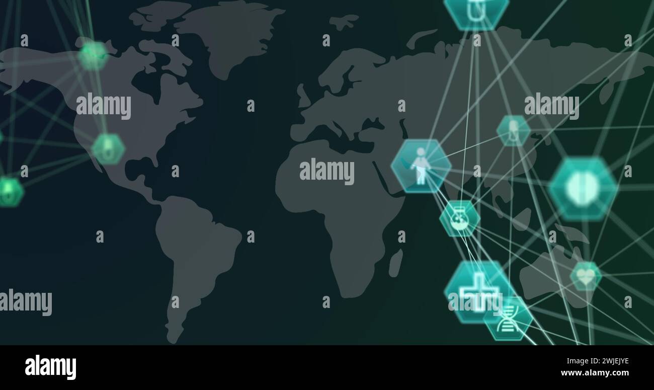 Image of digital interface with medical icons and network of ...