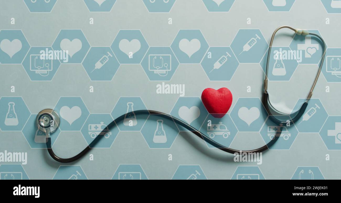 Image of medical icons over stethoscope with heart Stock Photo