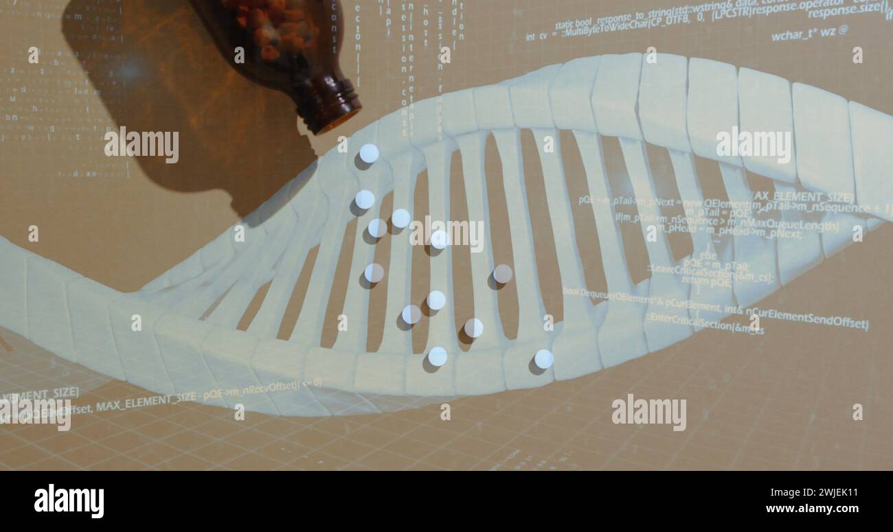 Image of dna strand and data processing over pills Stock Photo