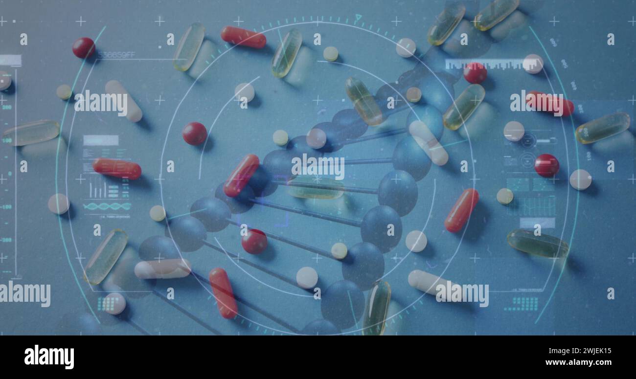 Image of data processing and dna strand over pills Stock Photo