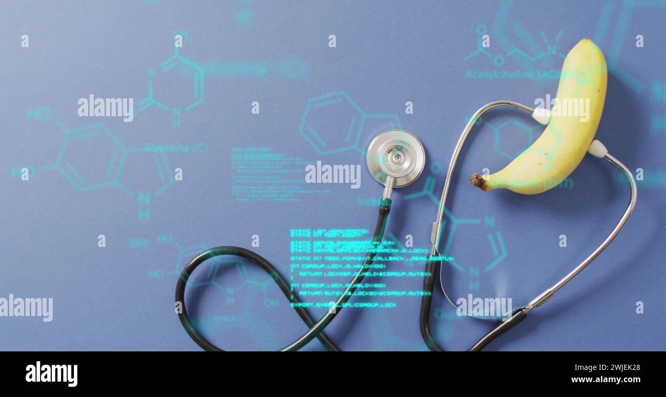 Image of data processing over stethoscope and banana Stock Photo