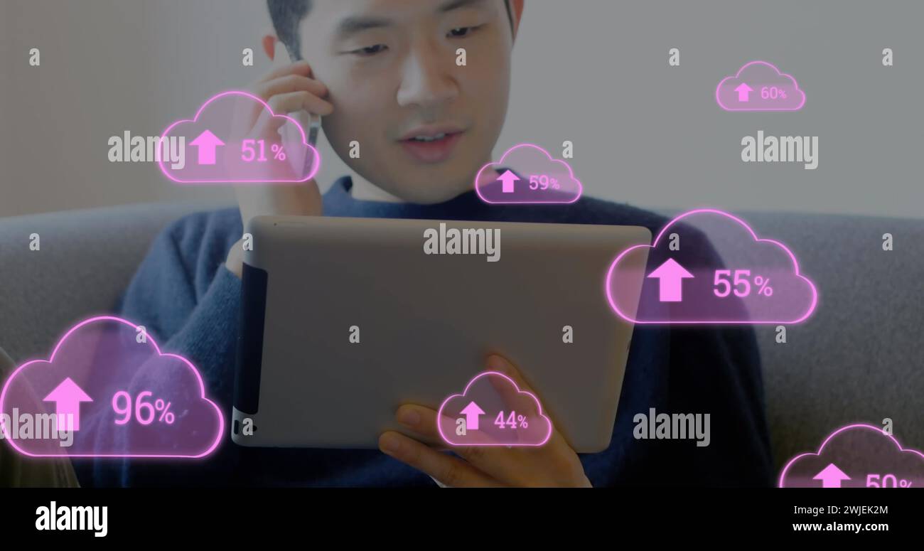 Image of digital interface with pink cloud icons and numbers growing over man talking on smartphone Stock Photo