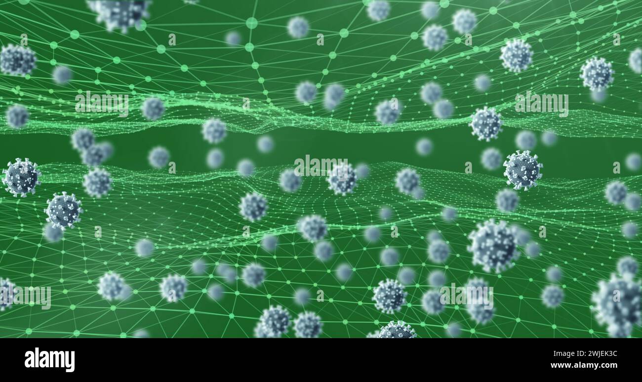 Image of digital interface with multiple Covid 19 cells and network of connections Stock Photo
