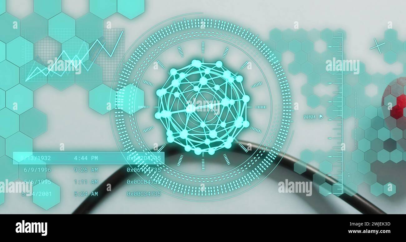 Image of shapes and data processing over stethoscope Stock Photo