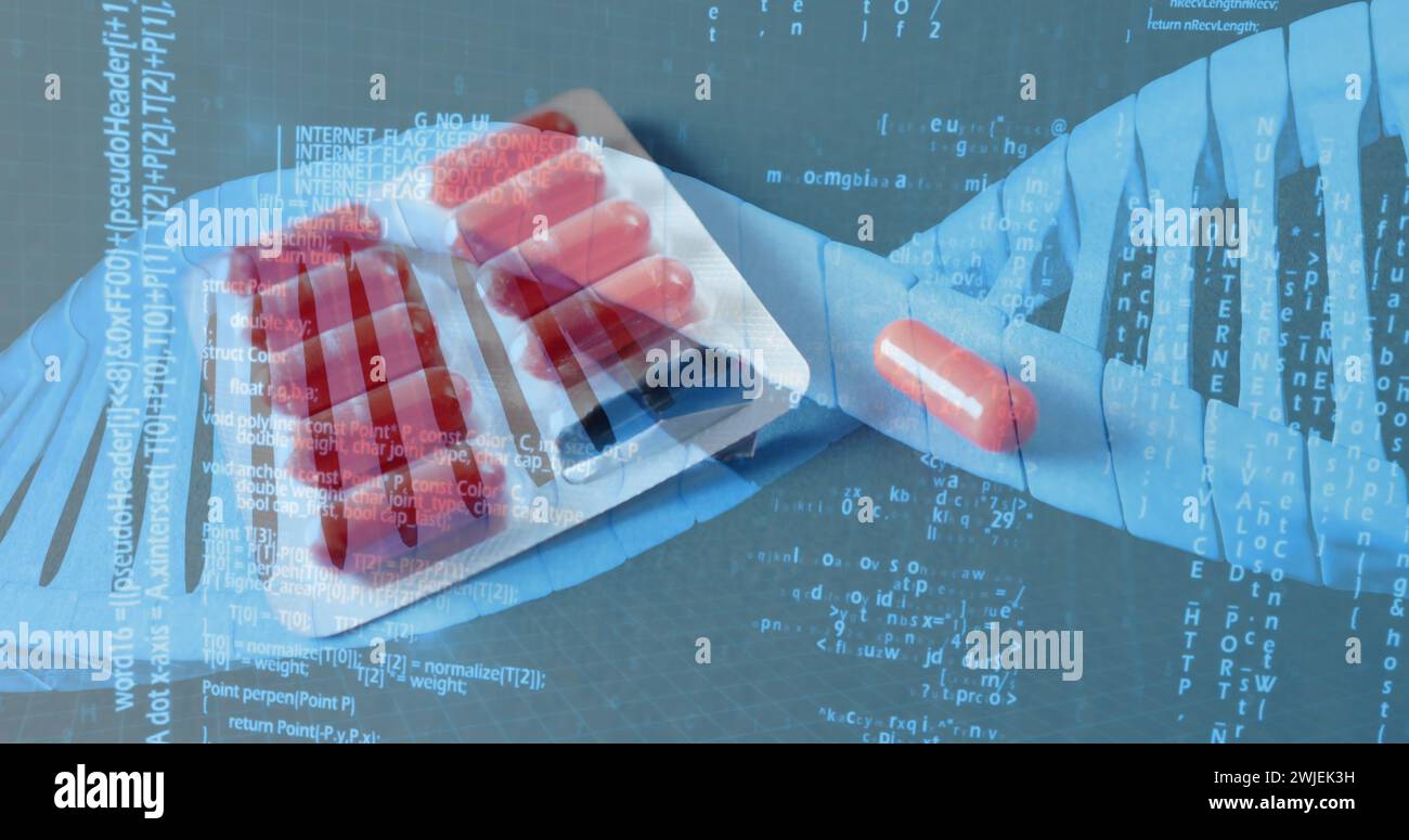 Image of dna strand and data processing over pills Stock Photo