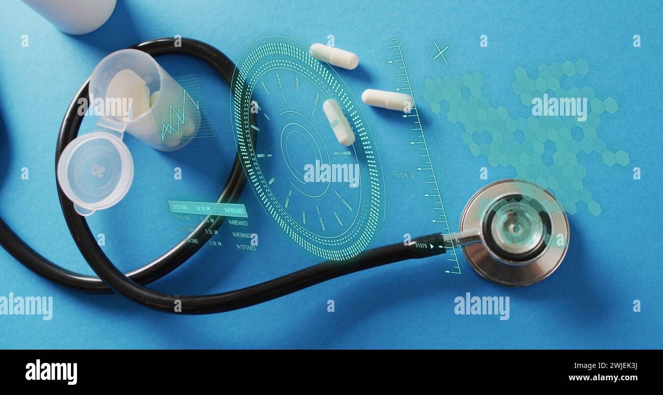 Image of data processing and scope scanning over pills and stethoscope Stock Photo