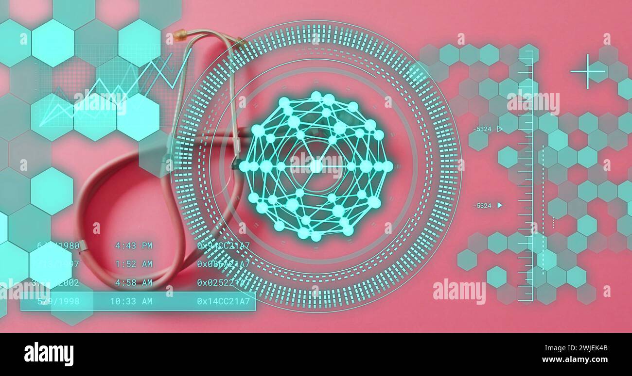 Image of shapes and data processing over stethoscope Stock Photo