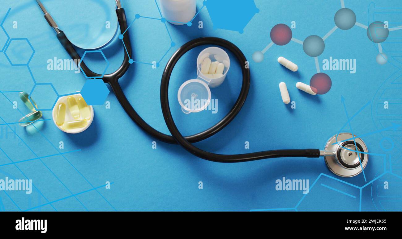 Image of chemical structures and data processing over pills and stethoscope Stock Photo