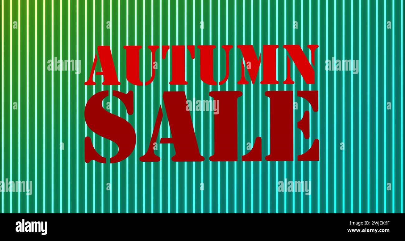 Image of autumn sale text in red letters on green striped background Stock Photo