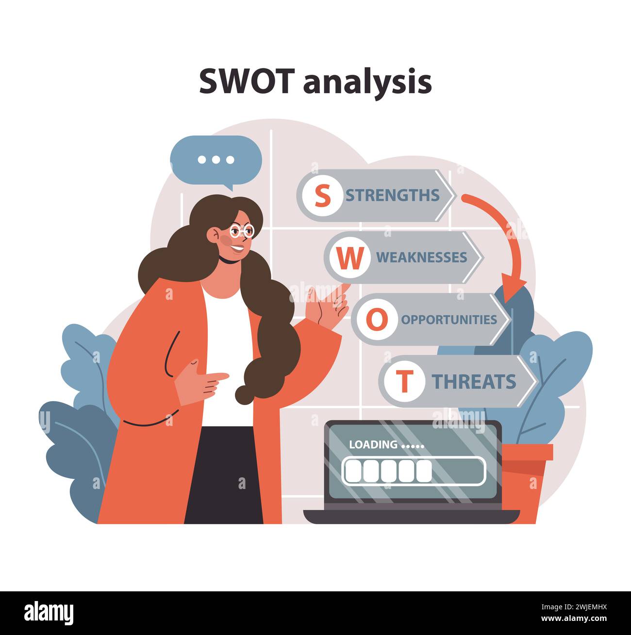 Market penetration concept. A professional woman deciphers business potential using SWOT analysis. Balancing strengths, weaknesses, opportunities, threats. Comprehensive review. vector illustration. Stock Vector