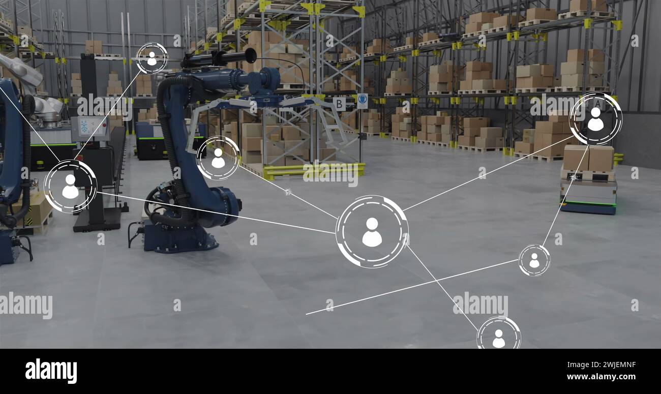 Image of network of conncetions with icons over robotic arms and boxes in warehouse Stock Photo