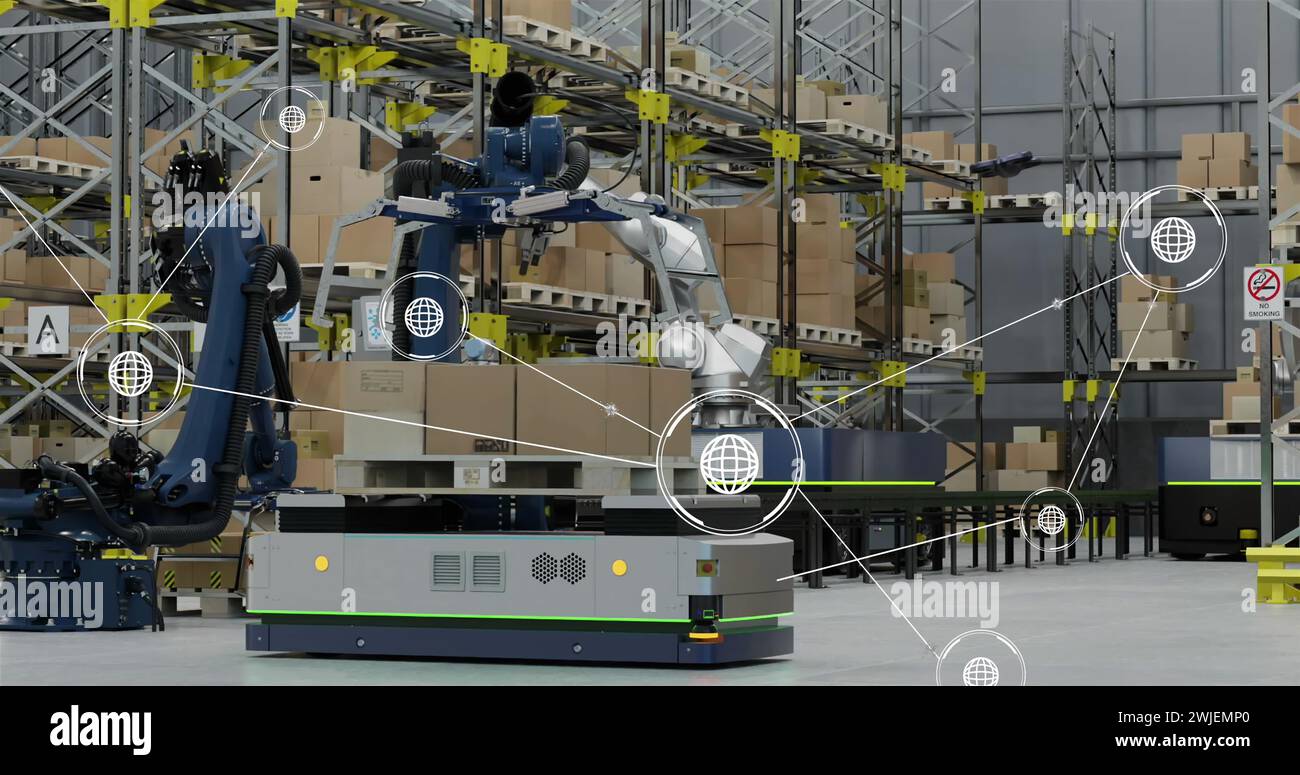 Image of network of conncetions with icons over robotic arms with boxes in warehouse Stock Photo