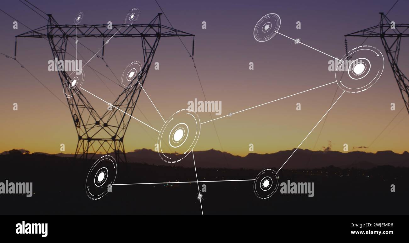 Image of network of conncetions with icons over pylons Stock Photo - Alamy