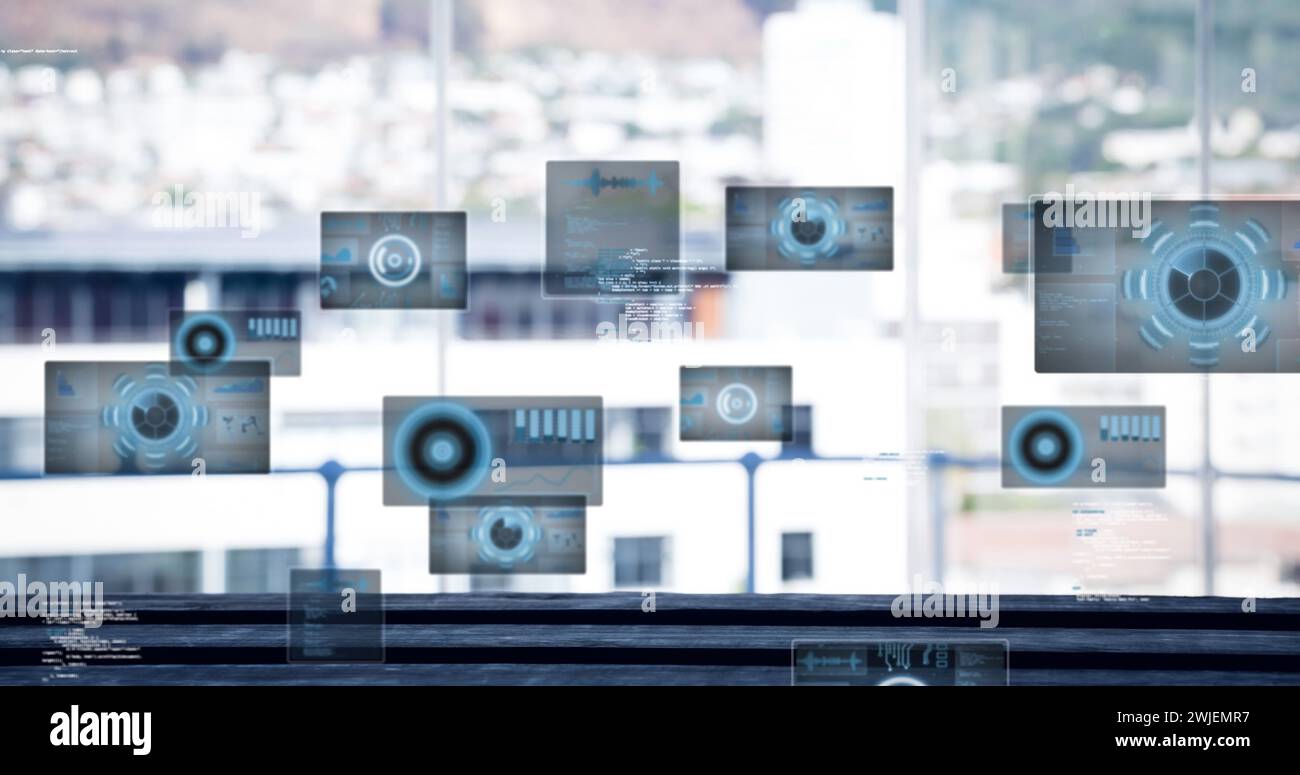 Image of data processing with scope scanning over cityscape Stock Photo
