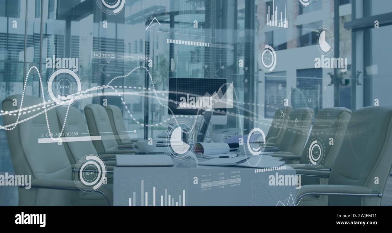 Image of network of conncetions with icons over office interior Stock Photo
