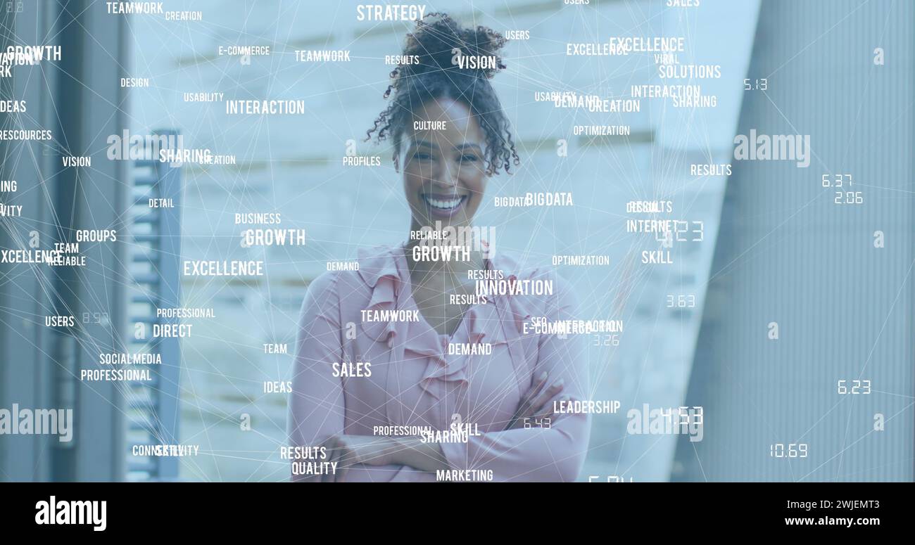 Image of business texts over african american businesswoman smiling Stock Photo