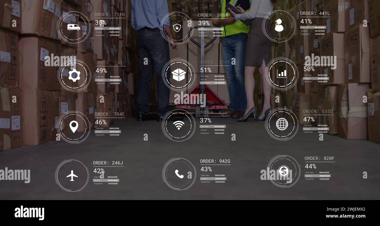 Image of icons with data processing over diverse workers in warehouse ...