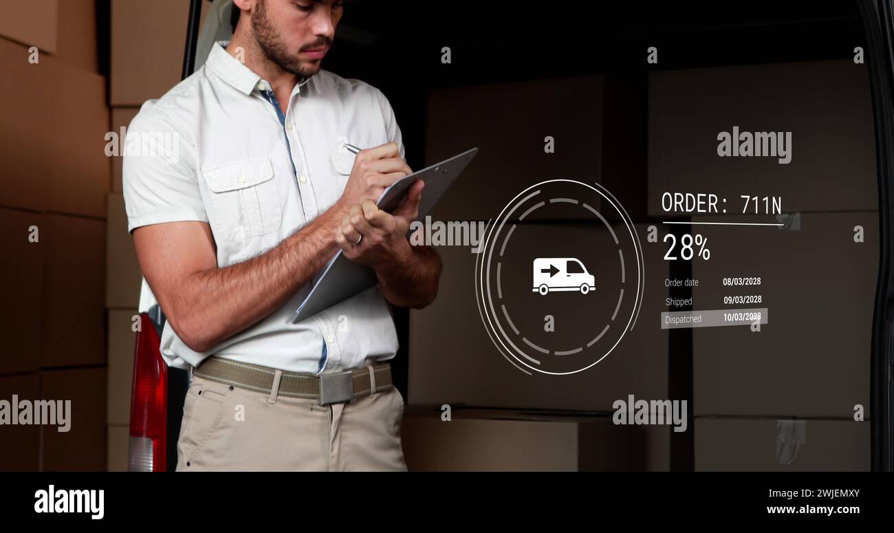 Image of icons with data processing over caucasian delivery man taking ...