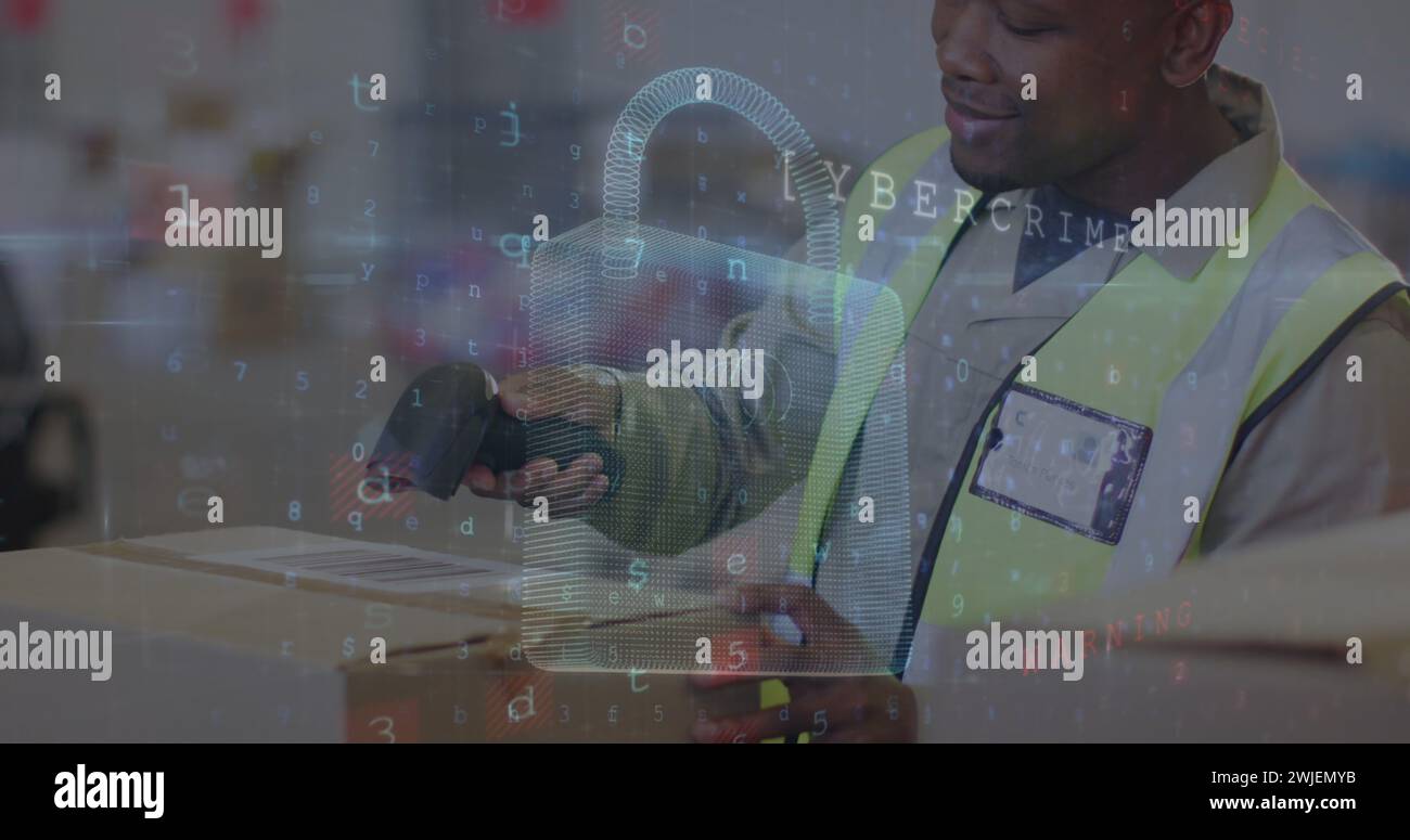 Image of cyber attack text and data processing over biracial man working in warehouse Stock Photo