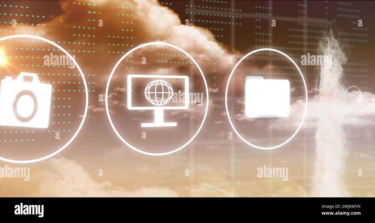 Image of icons, connections and clouds with data processing Stock Photo