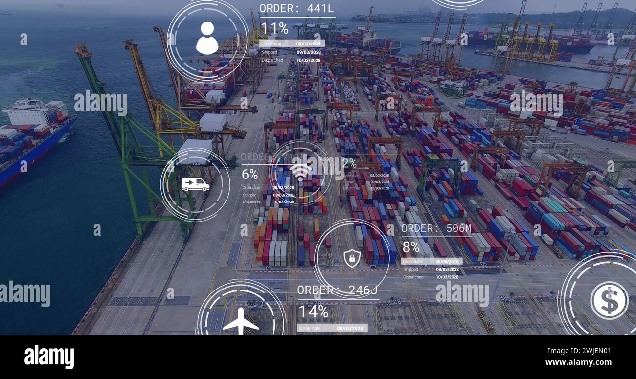 Image of icons with data processing over shipyard Stock Photo