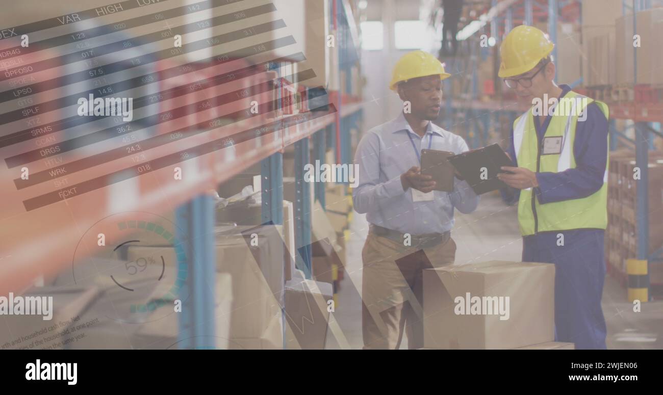 Image of financial data processing over diverse people working in ...