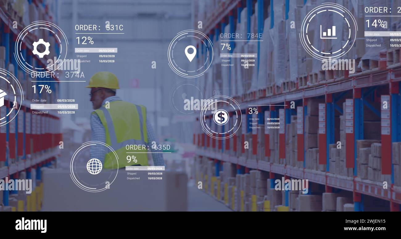Image of icons with data processing over caucasian male worker in warehouse Stock Photo