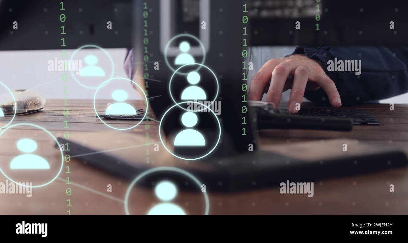 Image of icons and data processing over businessman using computer working in office Stock Photo