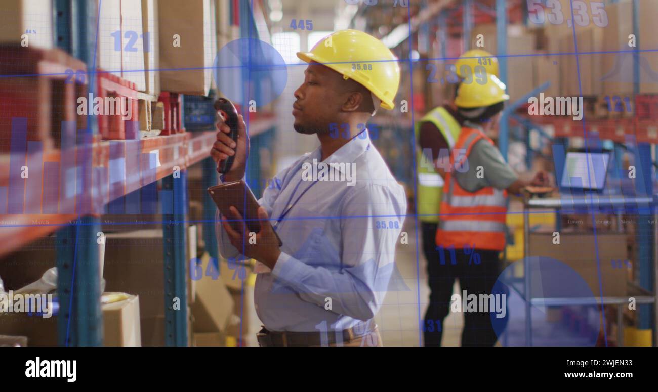 Image of financial data processing over diverse people working in ...