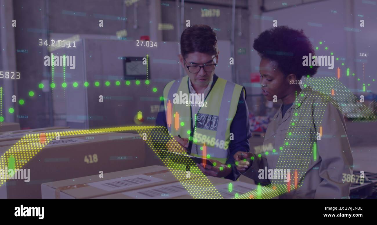 Image of financial data processing over diverse people working in ...