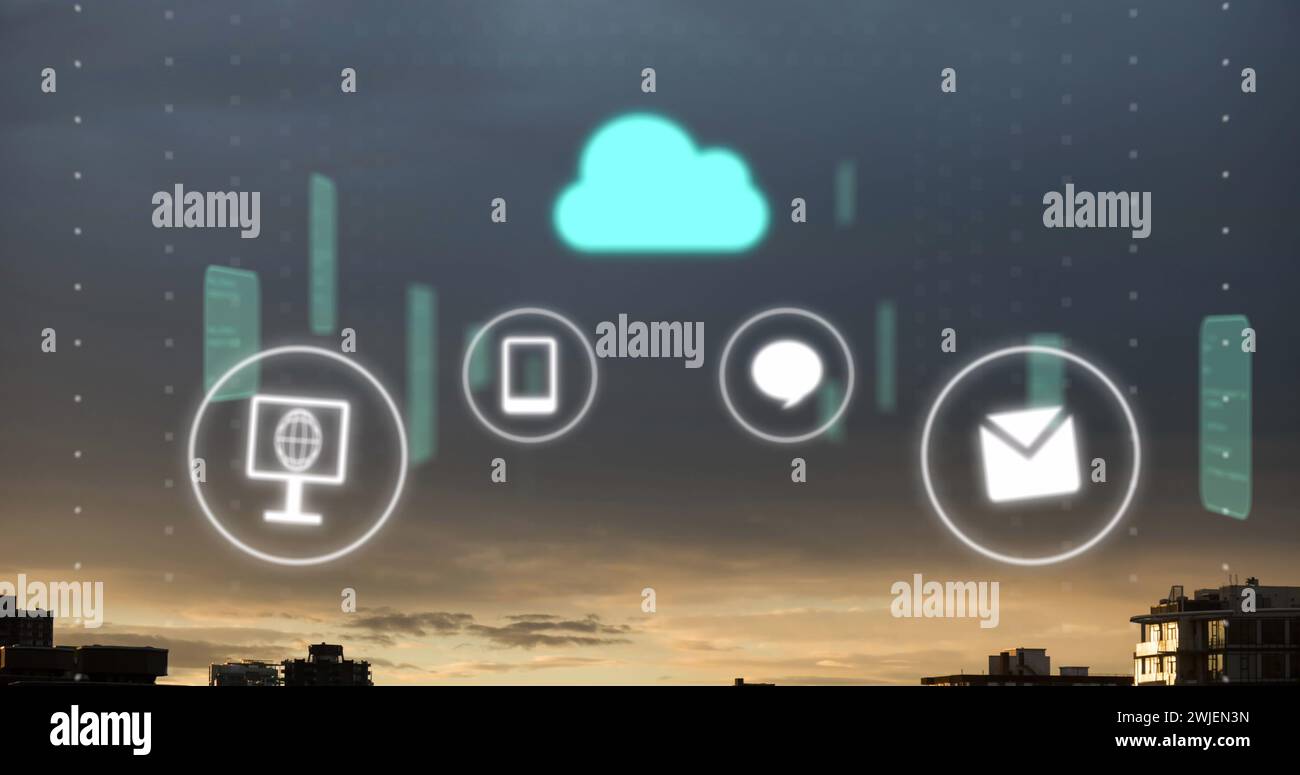 Image of cloud, connections and data processing over city Stock Photo