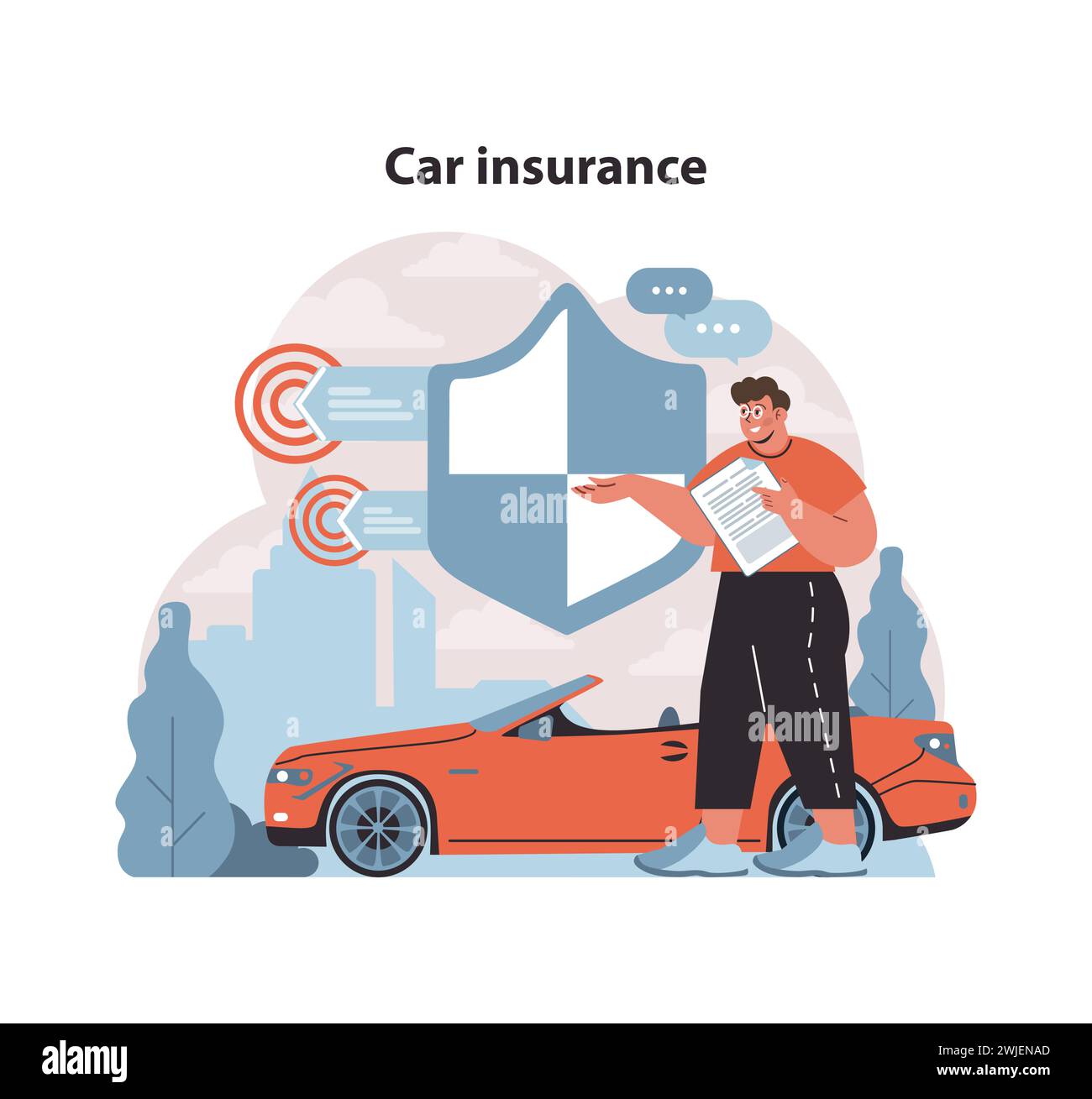 Car insurance concept. Driver examines vehicle protection plan 