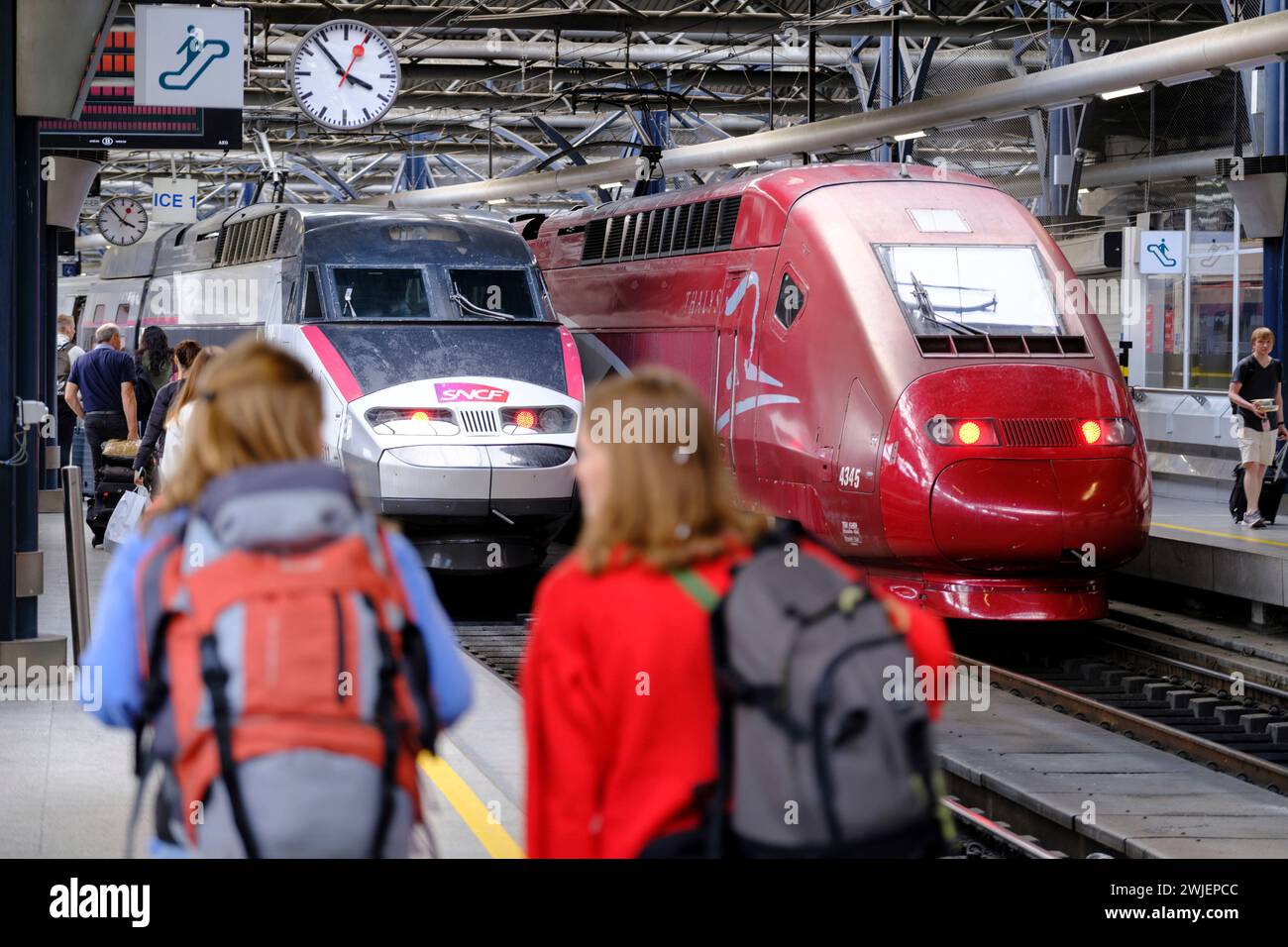 Belgium, Brussels: Brussels-South railway station. TGV inOui high speed train and Thalys train alongside the platform Stock Photo