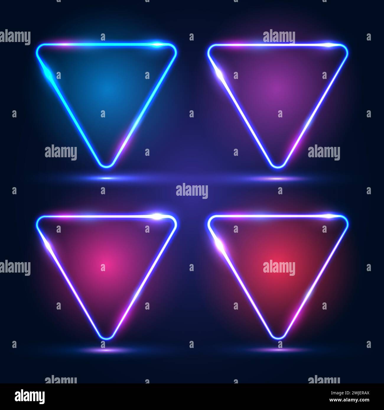 Triangular neon frames with shining effects, highlights and inscriptions on a dark background. Stock Vector