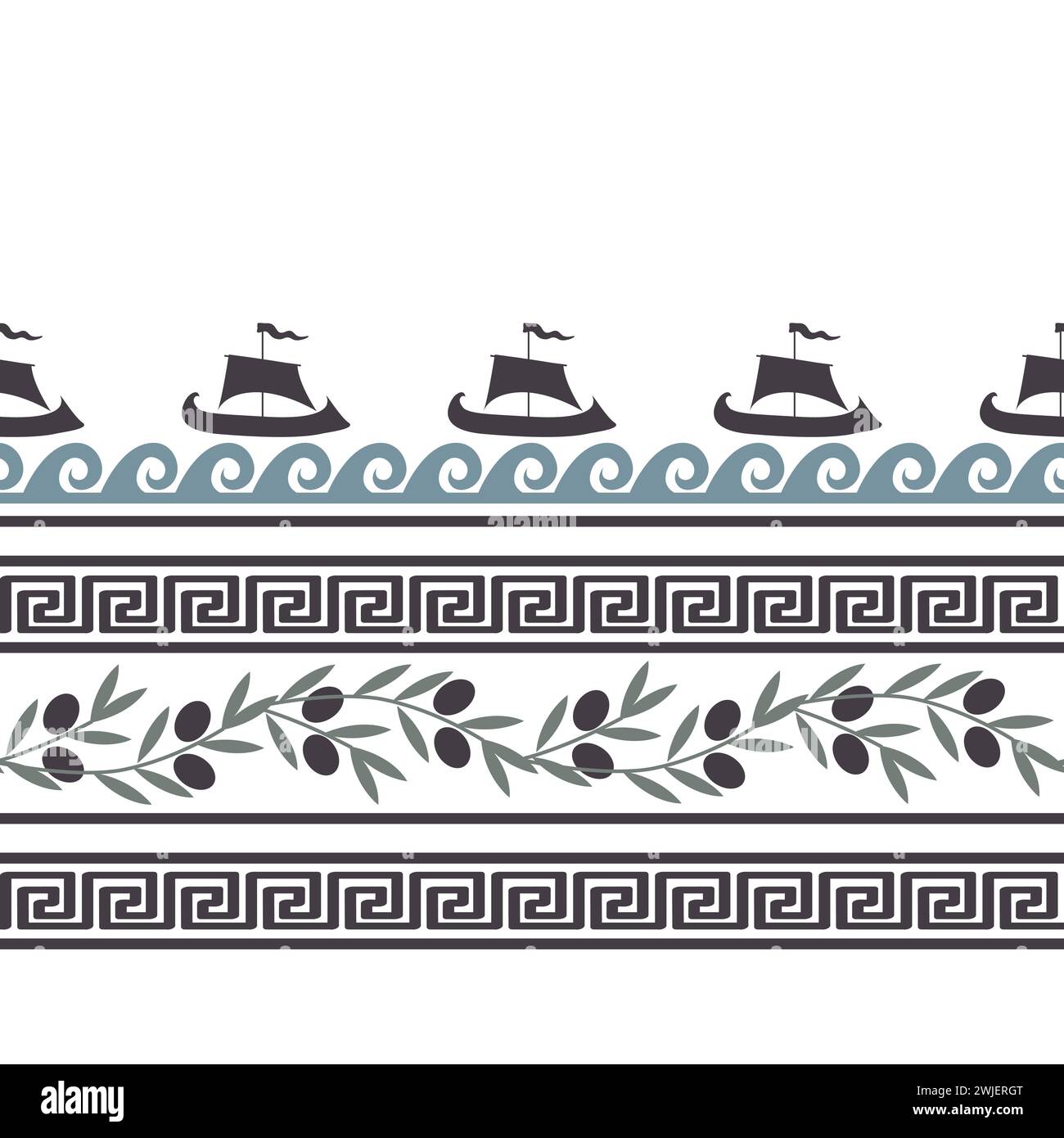 Seamless pattern with olives, waves, ships, and Greek symbols. Rich ancient stylized ornament, vector illustration Stock Vector