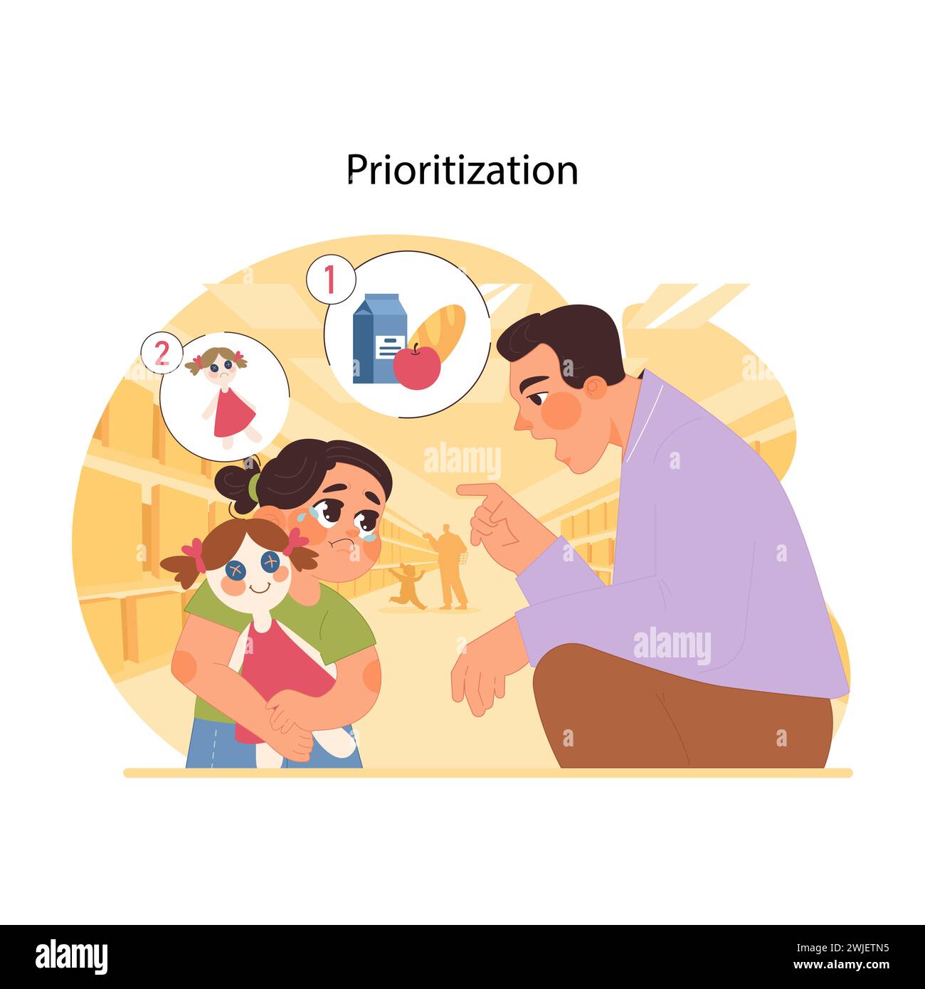 Parental guidance concept. Father explaining importance of needs over wants to his daughter in store, daughter crying, wanting toy doll. Teaching moments in shopping. Flat vector illustration Stock Vector