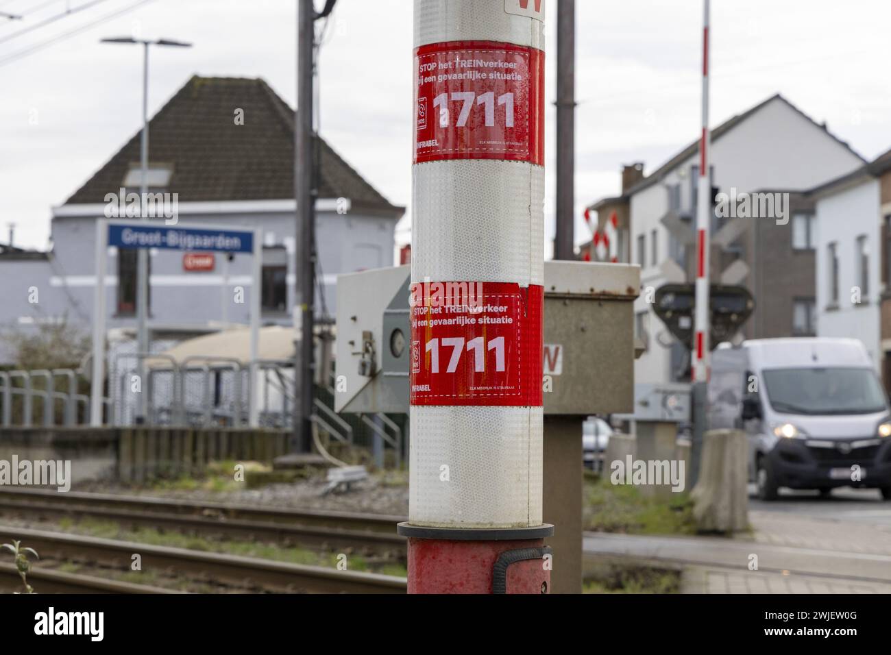 Dilbeek, Belgium. 15th Feb, 2024. Stickers with the number 1711 are ...